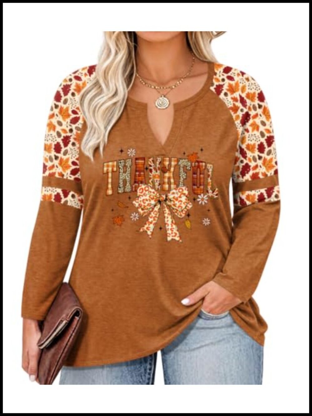 Plus Size Fall Halloween Thanksgiving Shirt Raglan Long Sleeve V-Neck Top